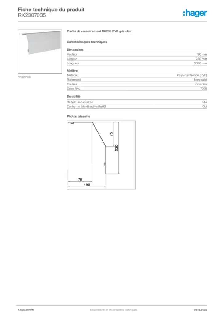 Image Hager Fiche technique du produit RK2307035 | Hager France
