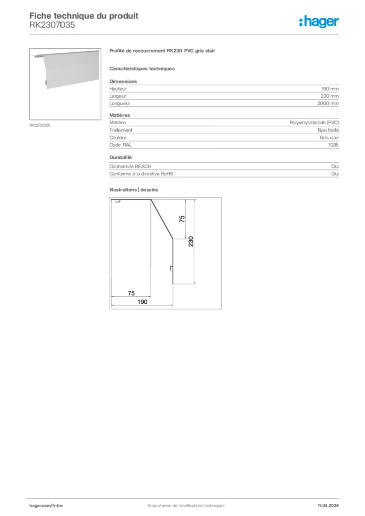 Image Hager Fiche technique du produit RK2307035 | Hager Belgique