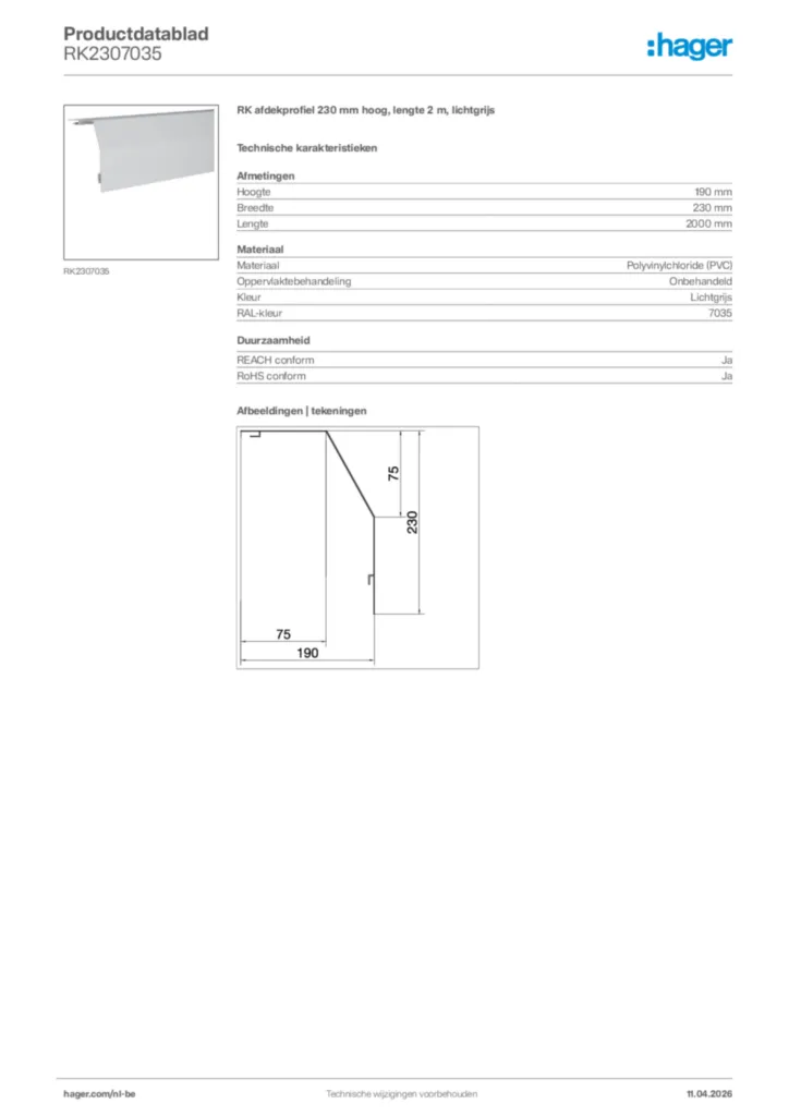Afbeelding Hager Productdatablad RK2307035 | Hager Belgium