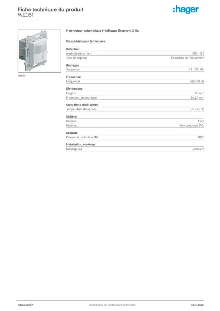 Image Hager Fiche technique du produit WE051 | Hager France