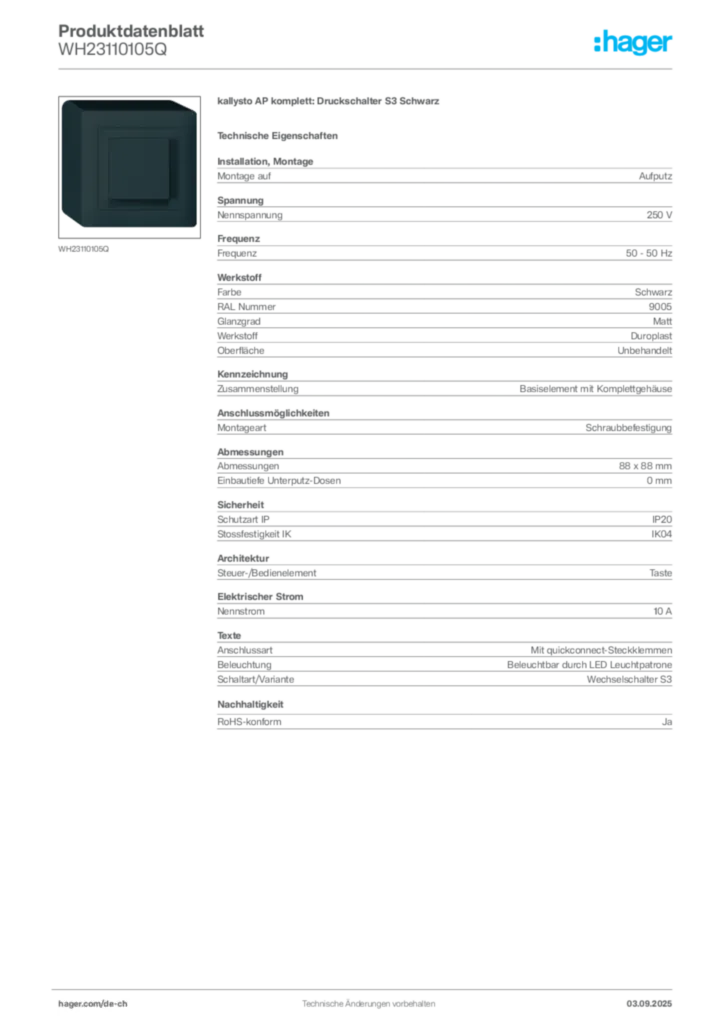 Bild Hager Produktdatenblatt WH23110105Q | Hager Schweiz