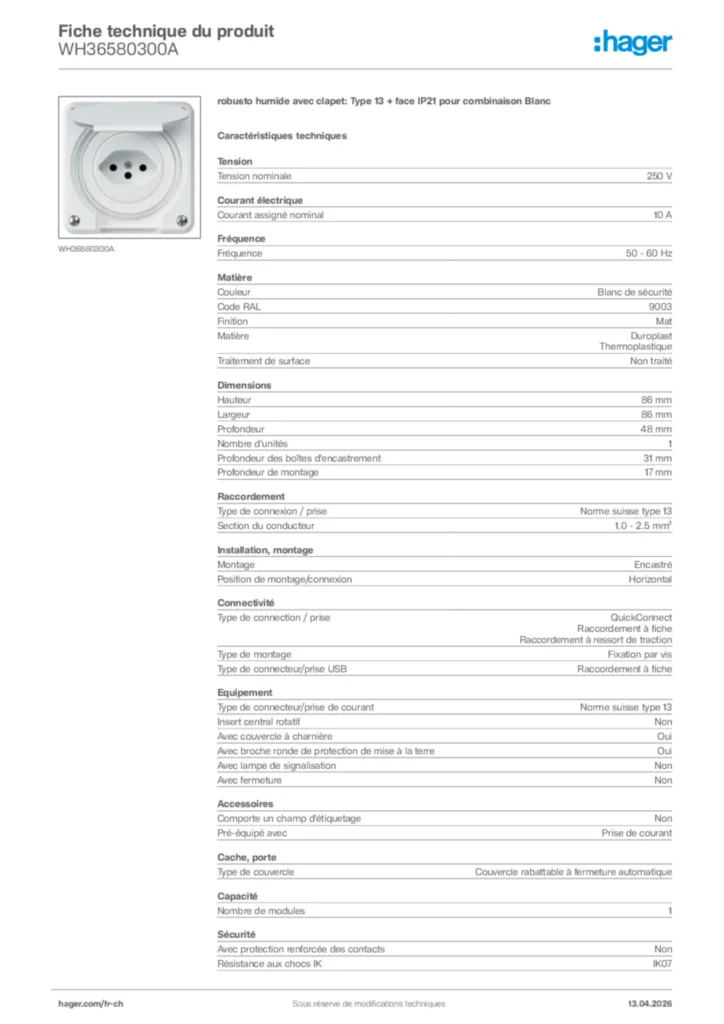 Image Hager Fiche technique du produit WH36580300A | Hager Suisse