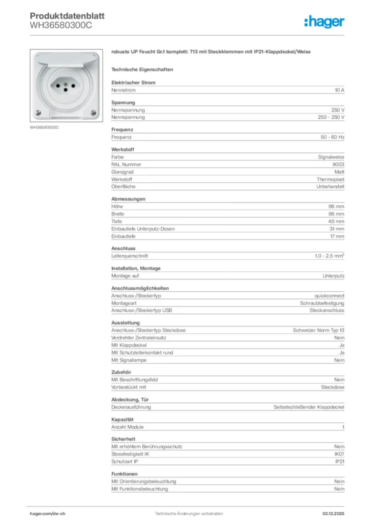 Bild Hager Produktdatenblatt WH36580300C | Hager Schweiz