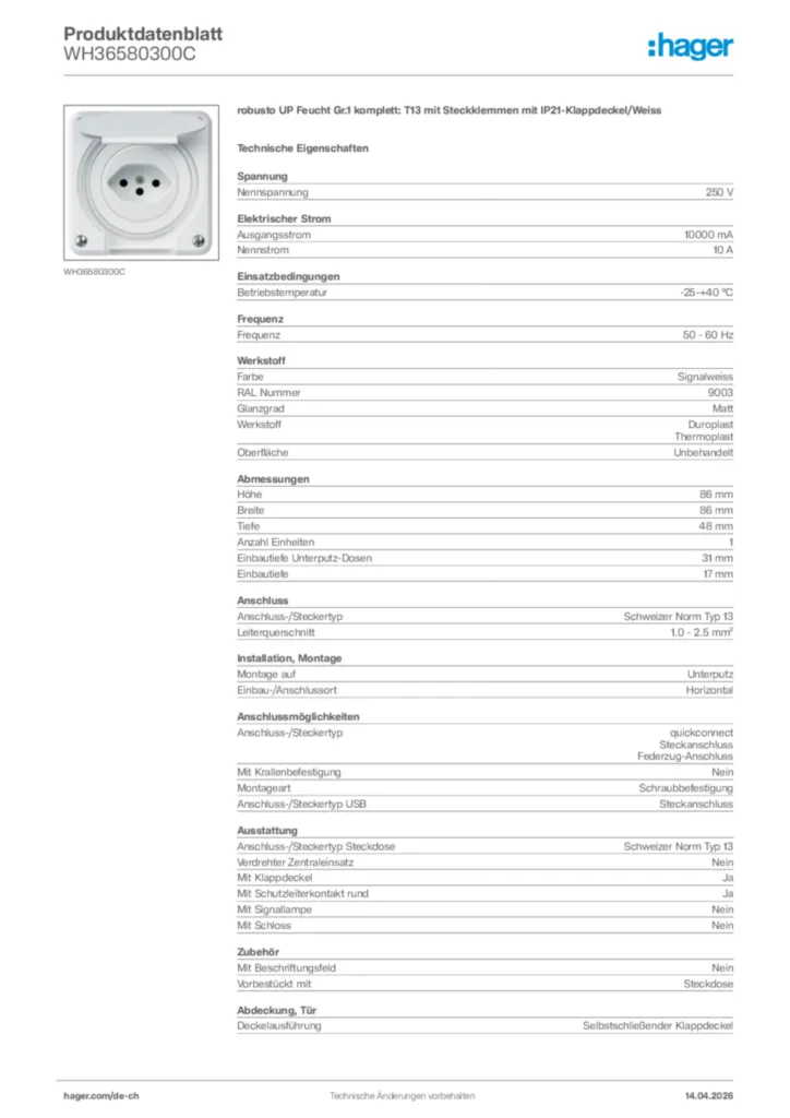 Bild Hager Produktdatenblatt WH36580300C | Hager Schweiz