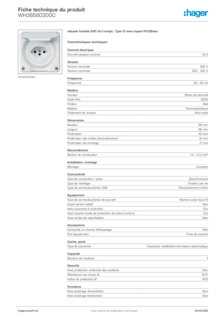 Image Hager Fiche technique du produit WH36580300C | Hager Suisse