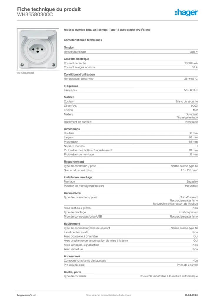 Image Hager Fiche technique du produit WH36580300C | Hager Suisse