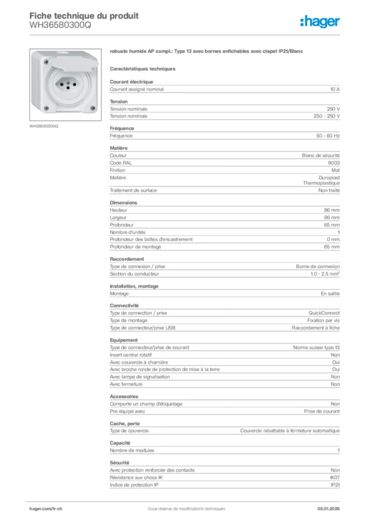 Image Hager Fiche technique du produit WH36580300Q | Hager Suisse