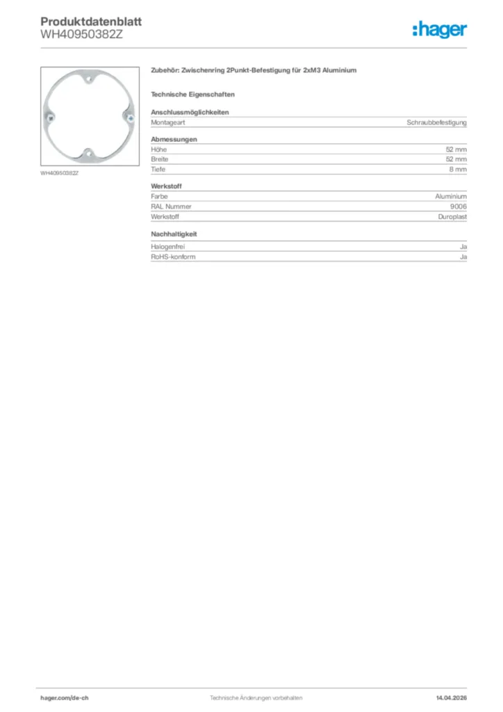 Bild Hager Produktdatenblatt WH40950382Z | Hager Schweiz
