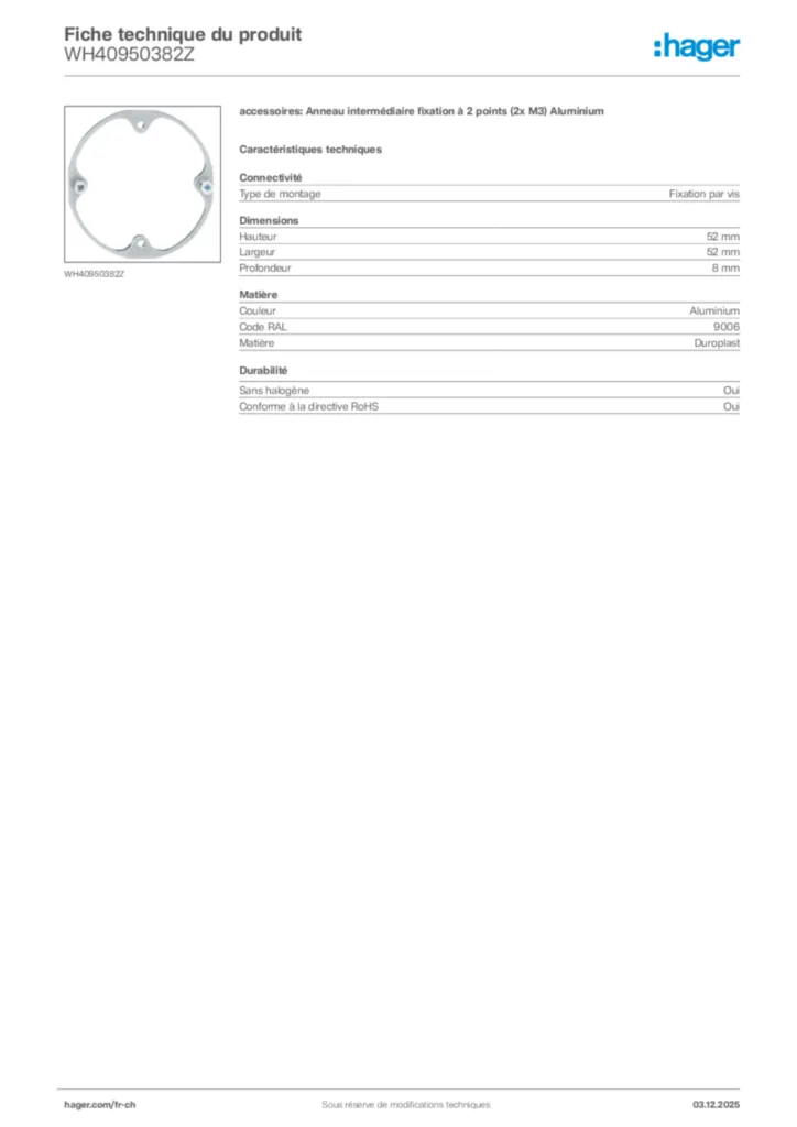 Image Hager Fiche technique du produit WH40950382Z | Hager Suisse