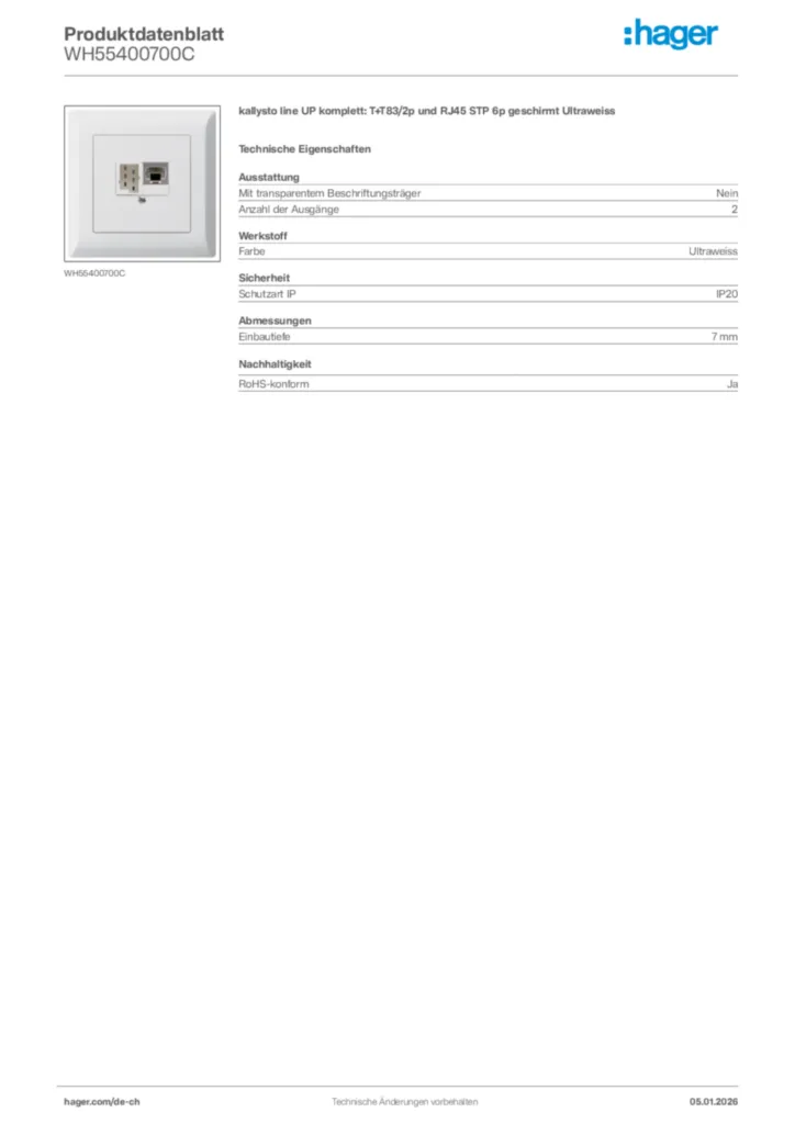 Bild Hager Produktdatenblatt WH55400700C | Hager Schweiz