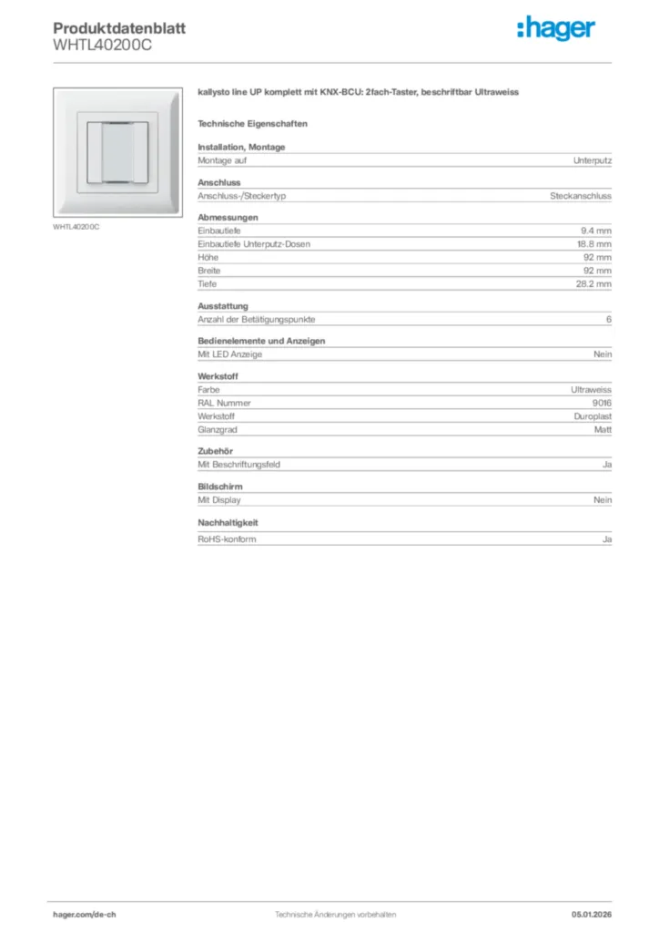 Bild Hager Produktdatenblatt WHTL40200C | Hager Schweiz