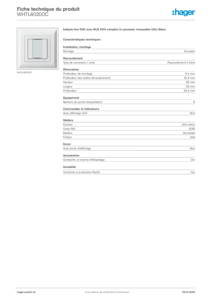 Image Hager Fiche technique du produit WHTL40200C | Hager Suisse