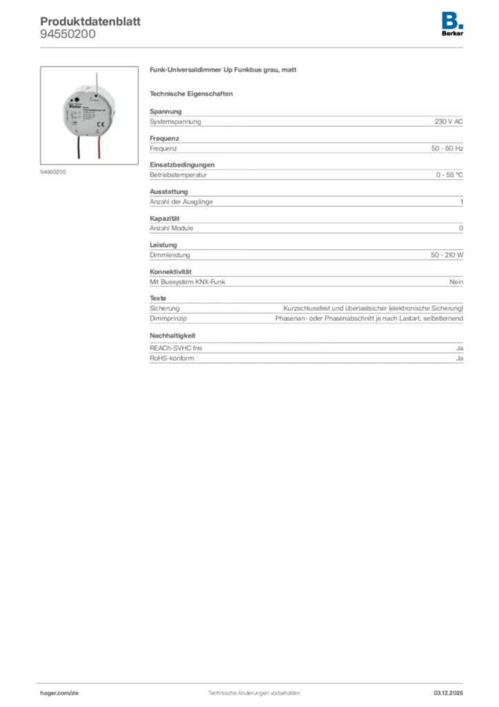 Bild Berker Produktdatenblatt 94550200 | Hager Deutschland