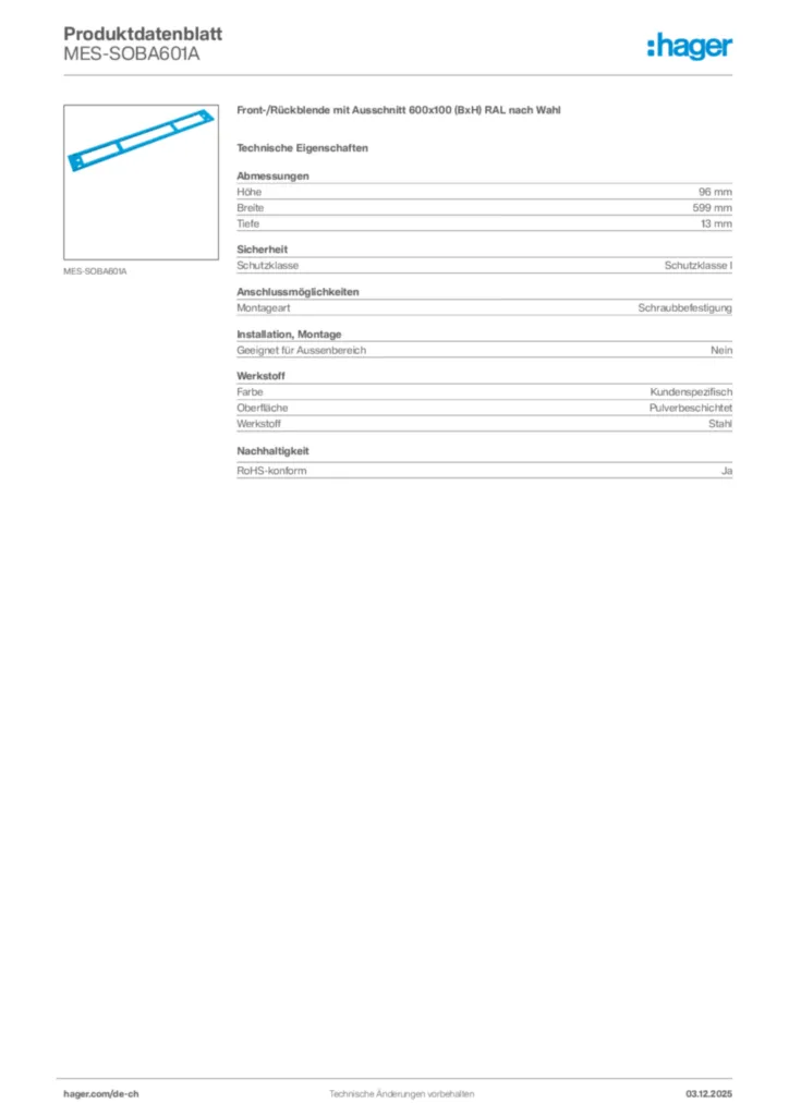Bild Hager Produktdatenblatt MES-SOBA601A | Hager Schweiz