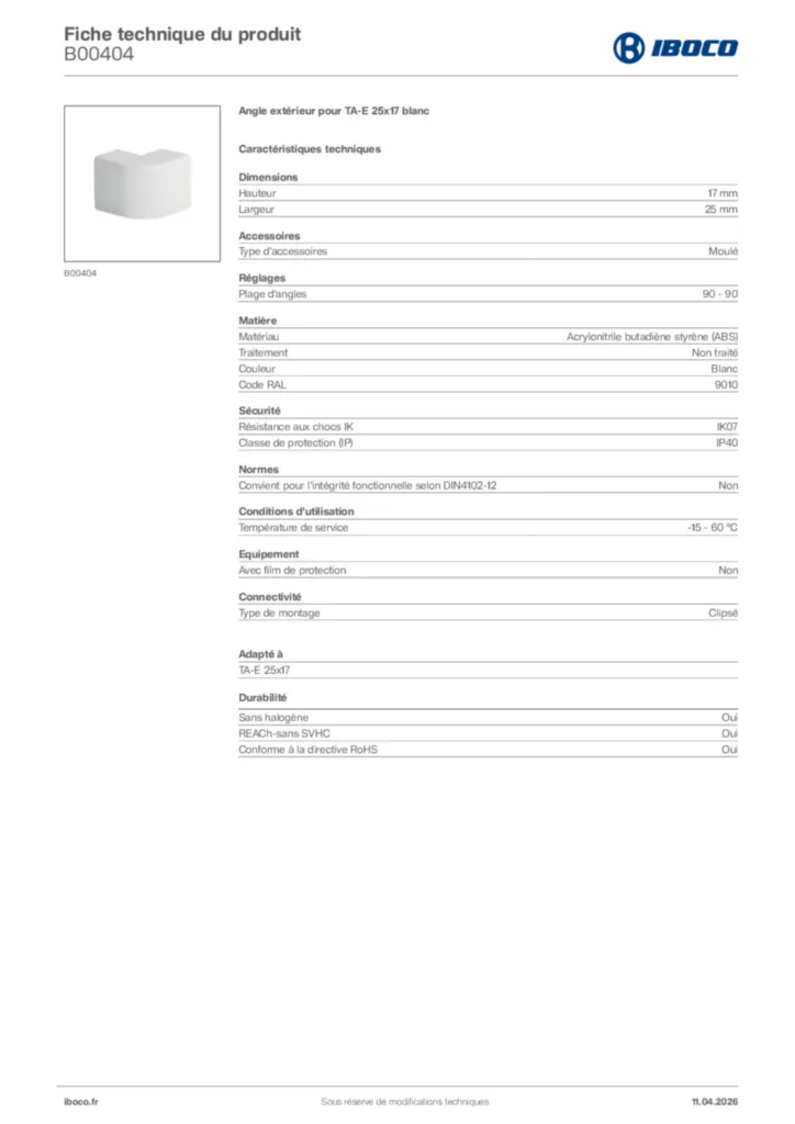 Image Iboco Fiche technique du produit B00404 | Hager France