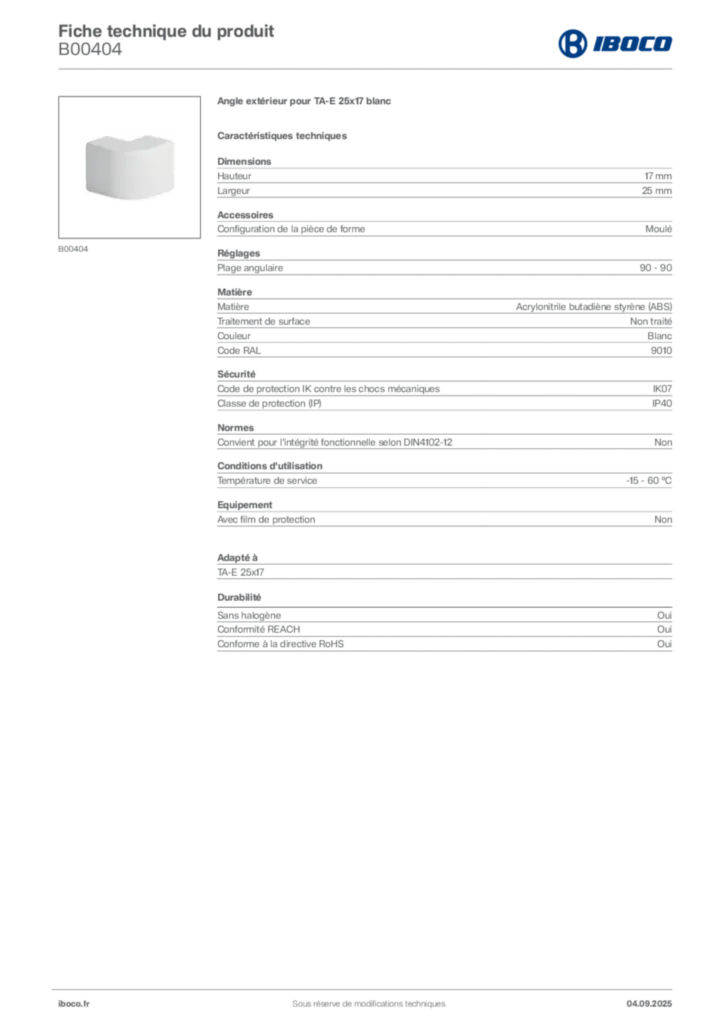 Image Iboco Fiche technique du produit B00404 | Hager France