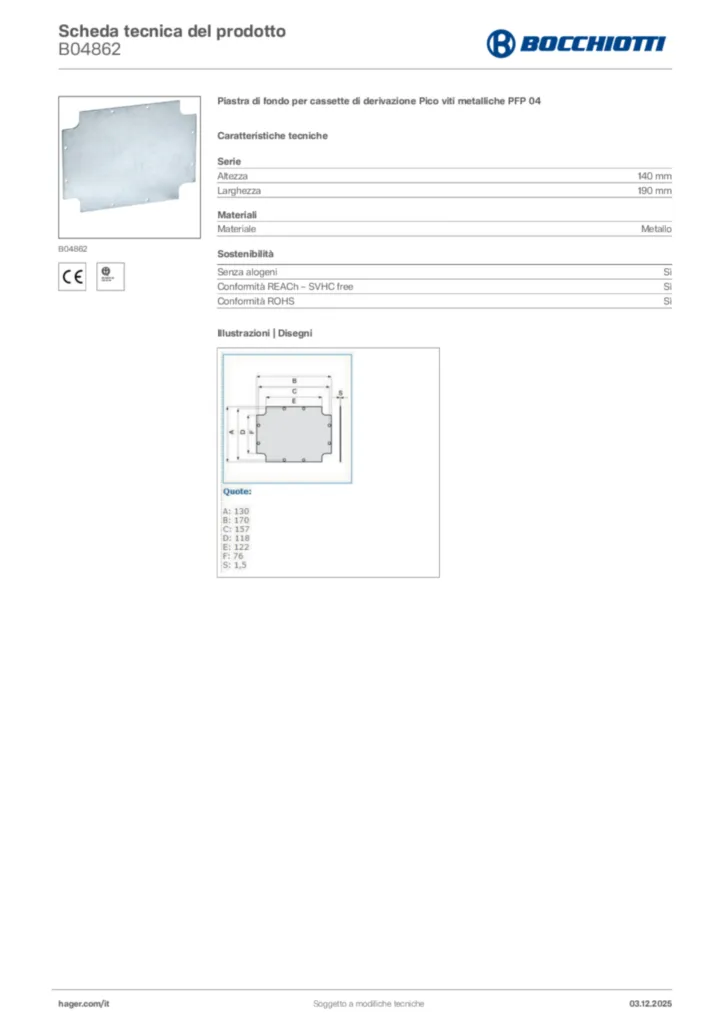 Immagine Bocchiotti Scheda tecnica del prodotto B04862 | Hager Italia