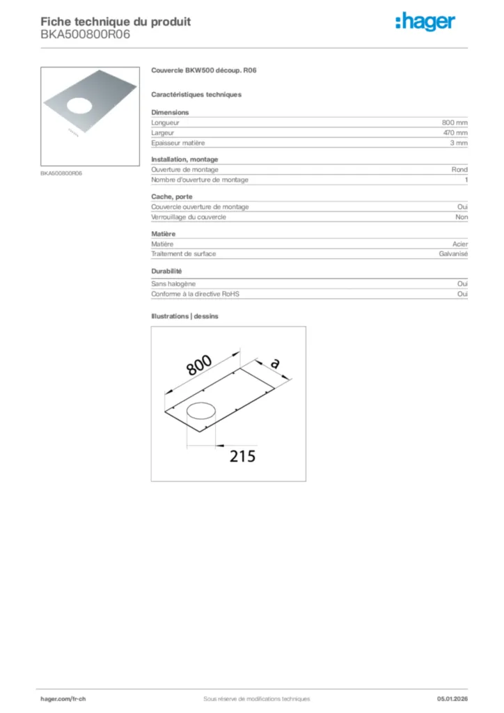 Image Hager Fiche technique du produit BKA500800R06 | Hager Suisse