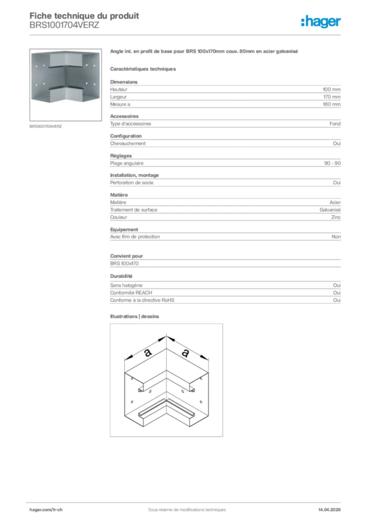 Image Hager Fiche technique du produit BRS1001704VERZ | Hager Suisse