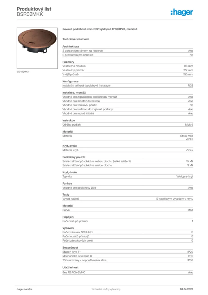 Obrázek Hager Product data sheet BSR02MKK | Hager