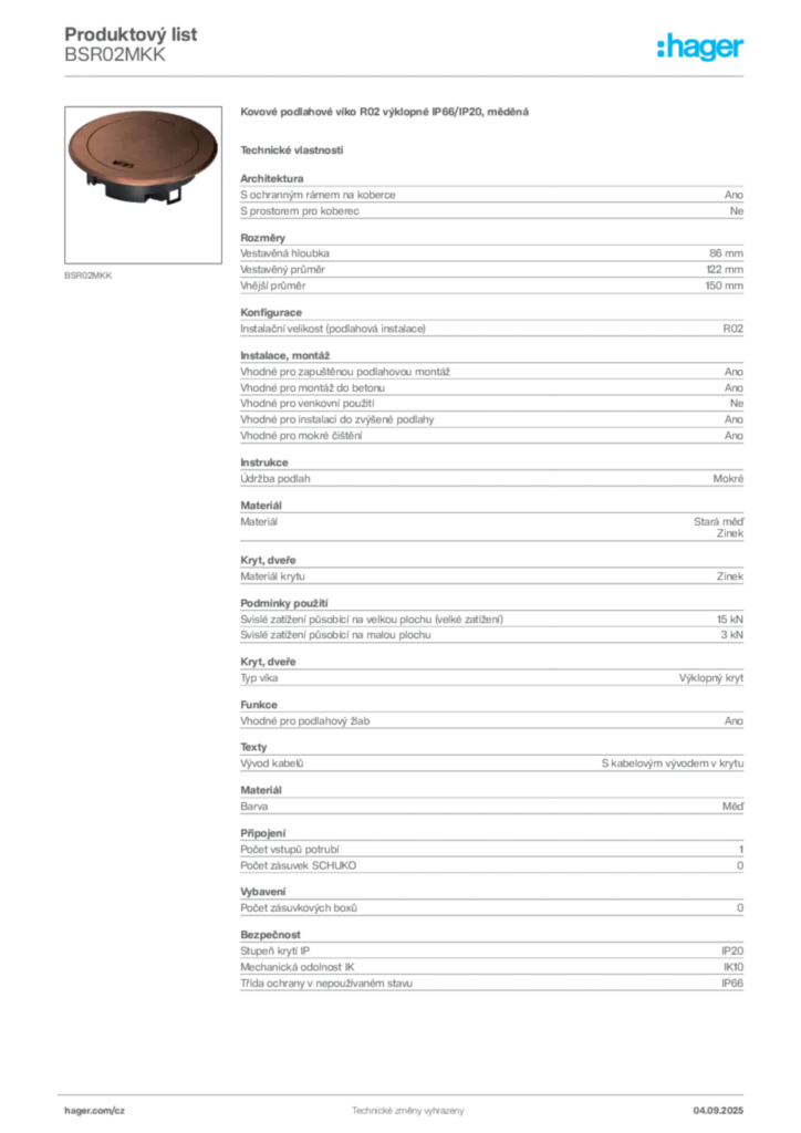 Obrázek Hager Product data sheet BSR02MKK | Hager