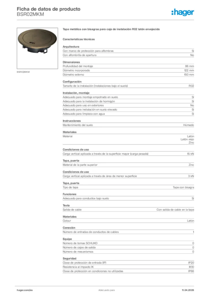 Imagen Hager Ficha de datos de producto BSR02MKM | Hager España