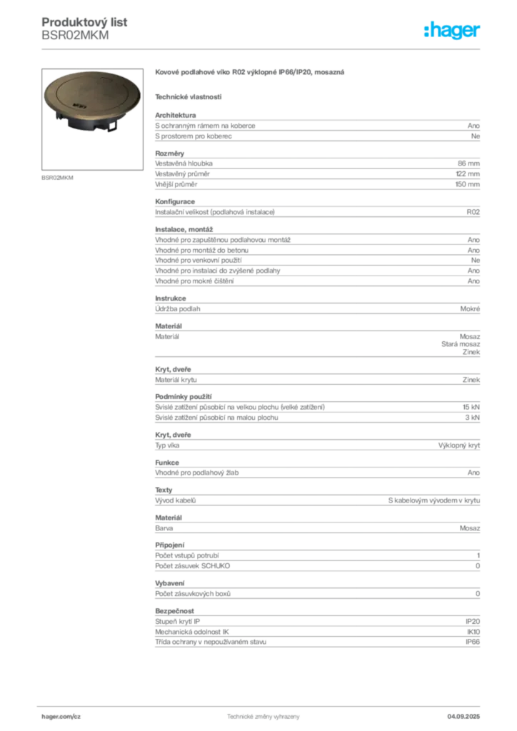 Obrázek Hager Product data sheet BSR02MKM | Hager
