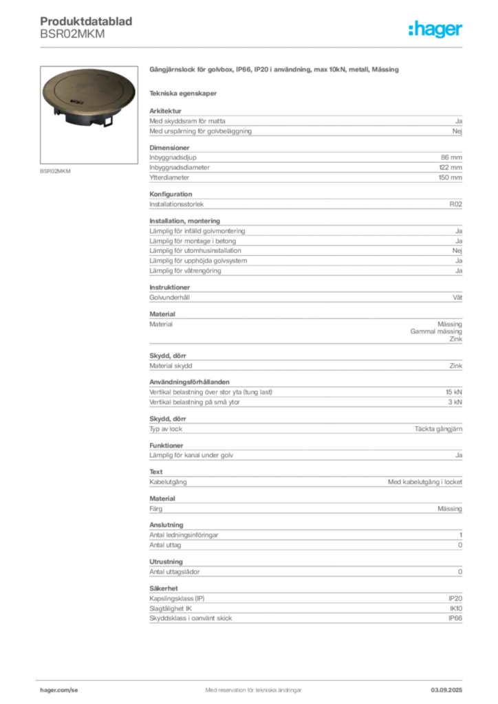 Bild Hager Produktdatablad BSR02MKM | Hager Sverige