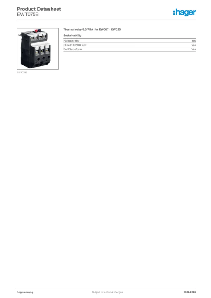 Image Hager Product data sheet EWT075B  | Hager