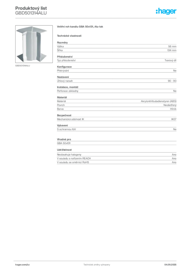Obrázek Hager Product data sheet GBD501314ALU | Hager