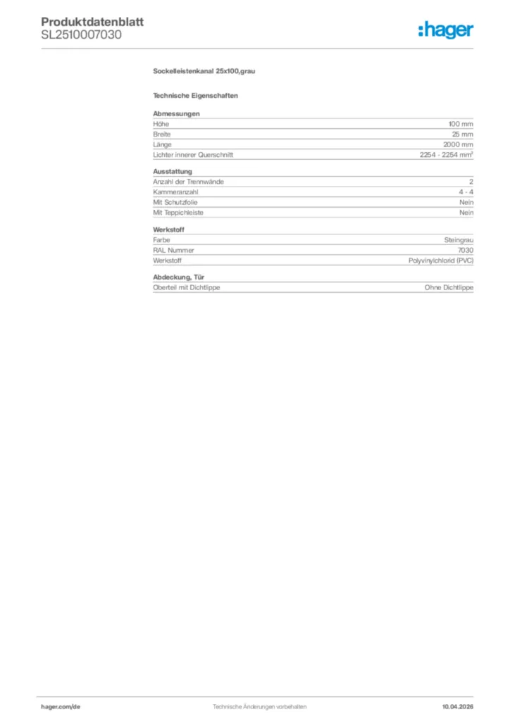 Bild Hager Produktdatenblatt SL2510007030 | Hager Deutschland