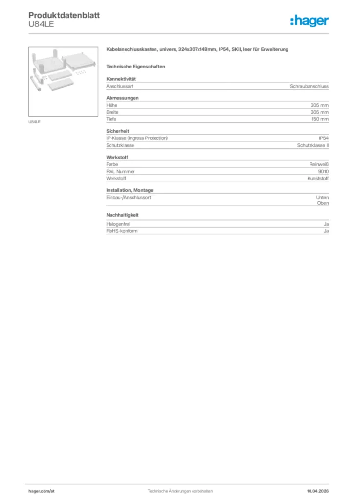 Bild Hager Produktdatenblatt U84LE | Hager Deutschland