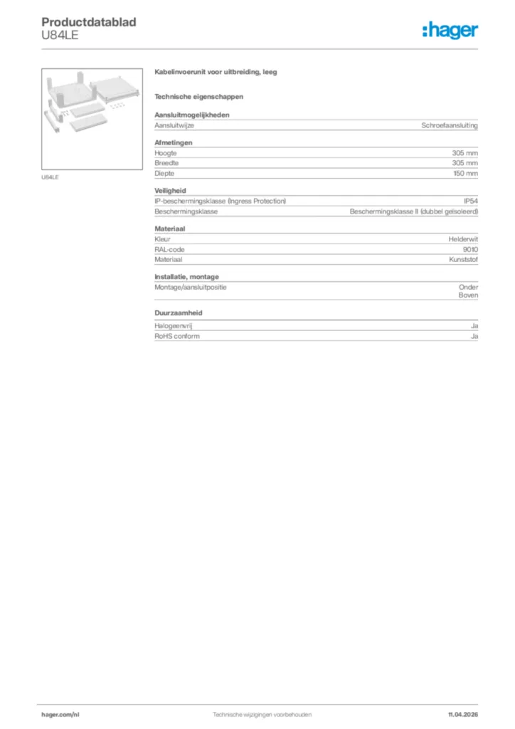Afbeelding Hager Productdatablad U84LE | Hager Nederland