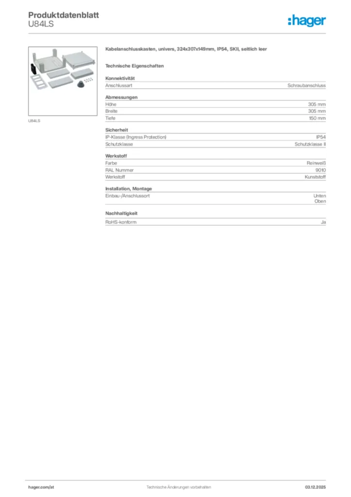 Bild Hager Produktdatenblatt U84LS | Hager Deutschland