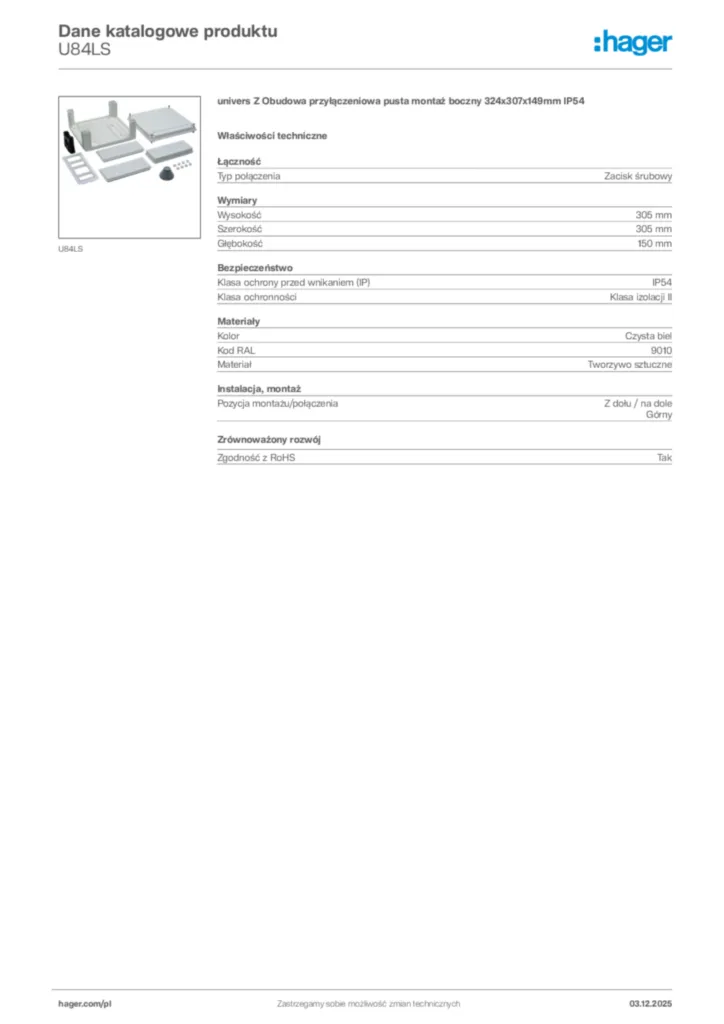 Zdjęcie Hager Karta katalogowa U84LS | Hager Polska