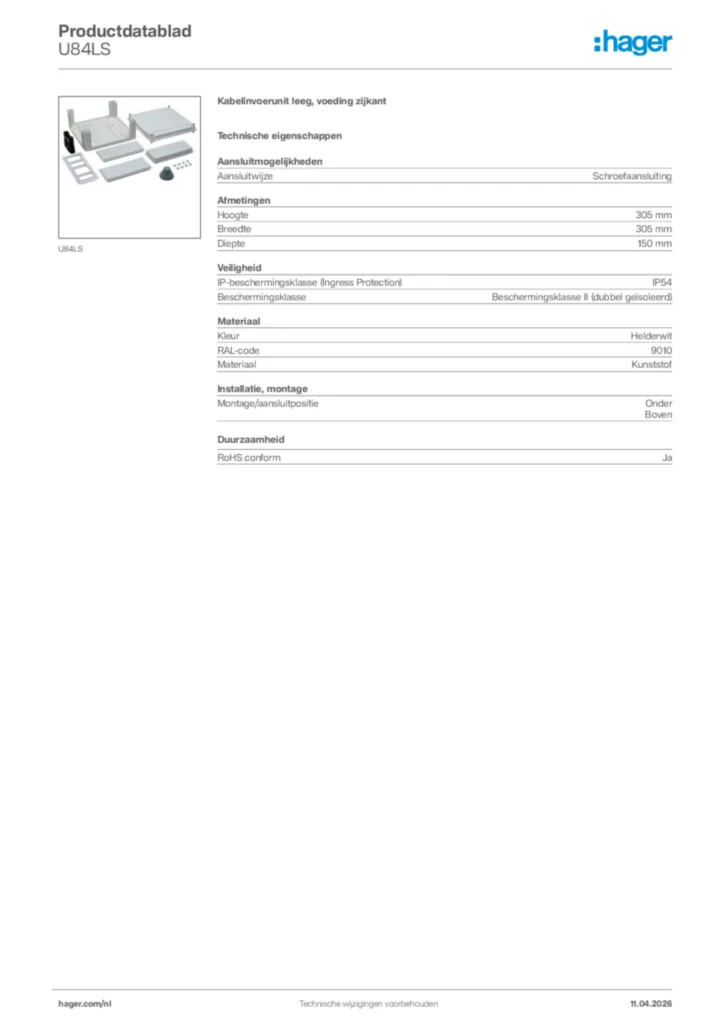 Afbeelding Hager Productdatablad U84LS | Hager Nederland