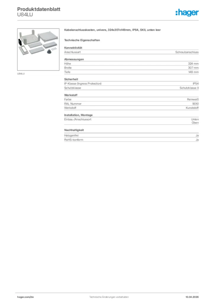 Bild Hager Produktdatenblatt U84LU | Hager Deutschland
