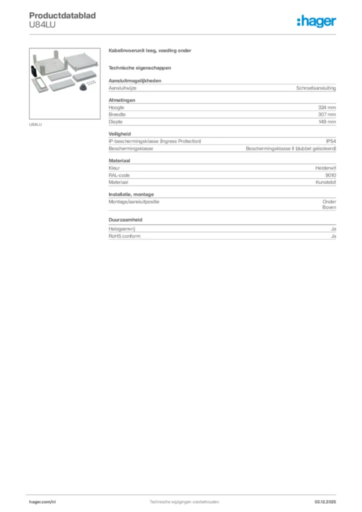 Afbeelding Hager Productdatablad U84LU | Hager Nederland