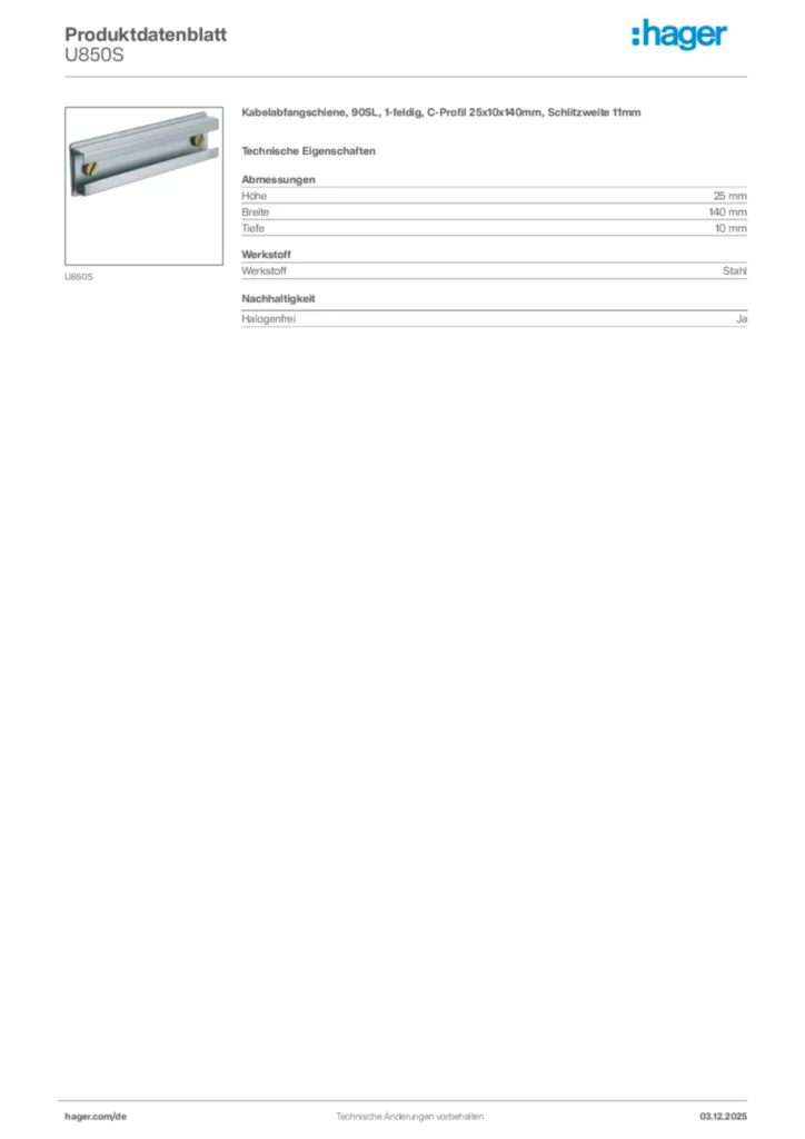 Bild Hager Produktdatenblatt U850S | Hager Deutschland