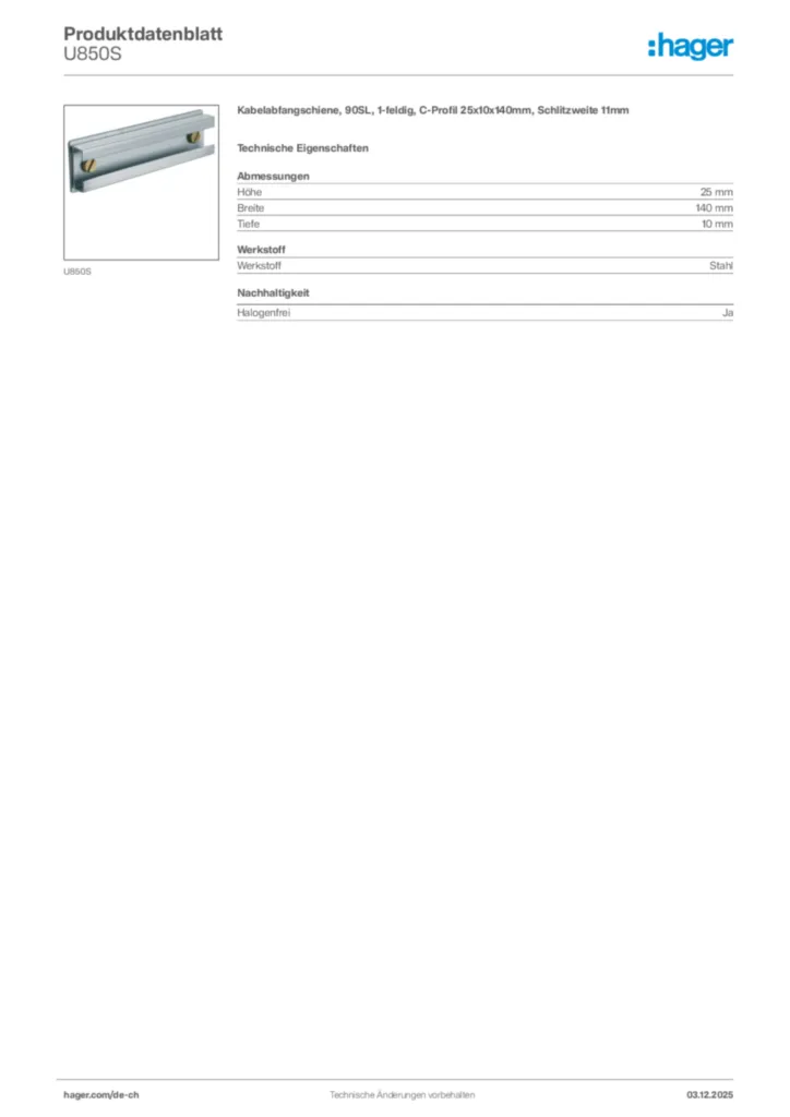 Bild Hager Produktdatenblatt U850S | Hager Schweiz