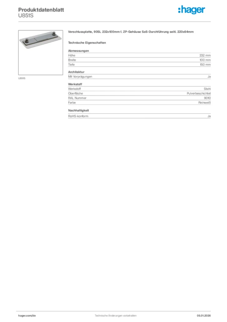 Bild Hager Produktdatenblatt U851S | Hager Deutschland