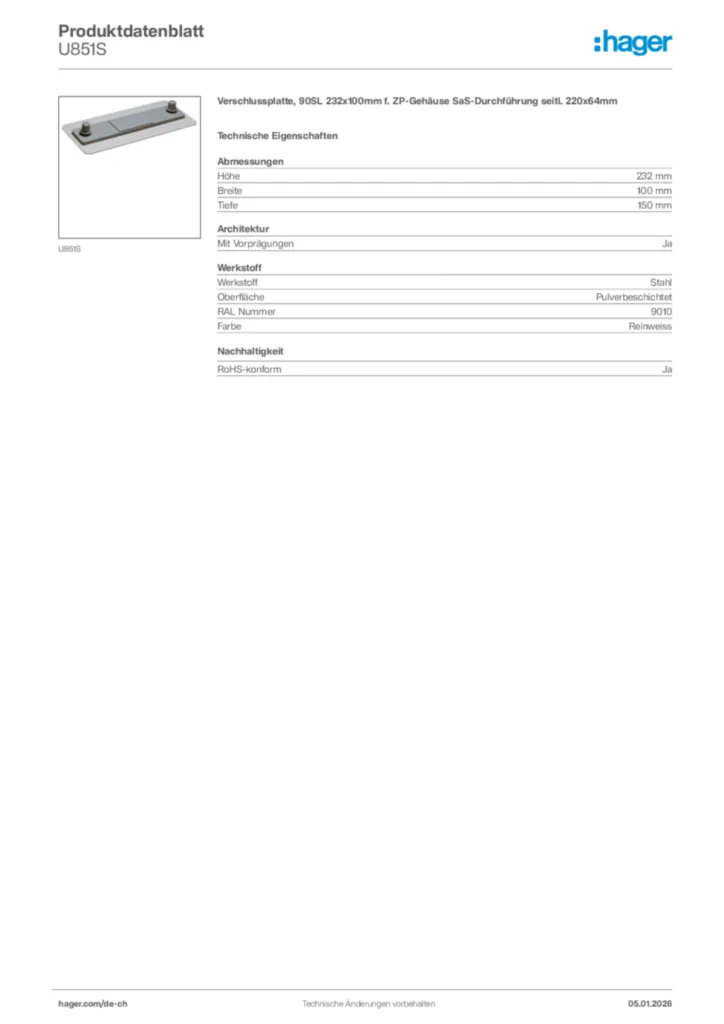 Bild Hager Produktdatenblatt U851S | Hager Schweiz
