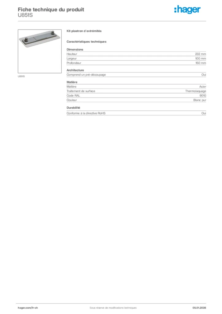 Image Hager Fiche technique du produit U851S | Hager Suisse