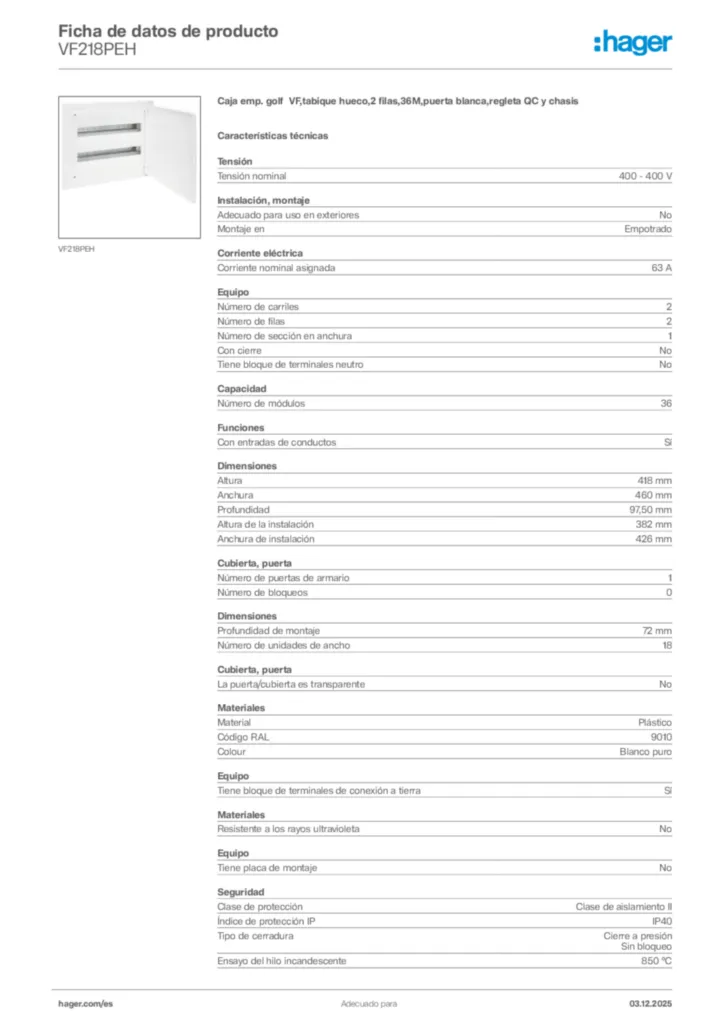 Imagen Hager Ficha de datos de producto VF218PEH | Hager España