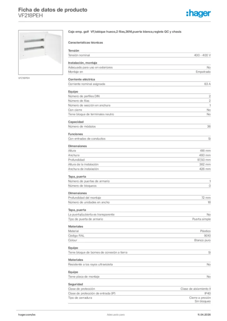 Imagen Hager Ficha de datos de producto VF218PEH | Hager España