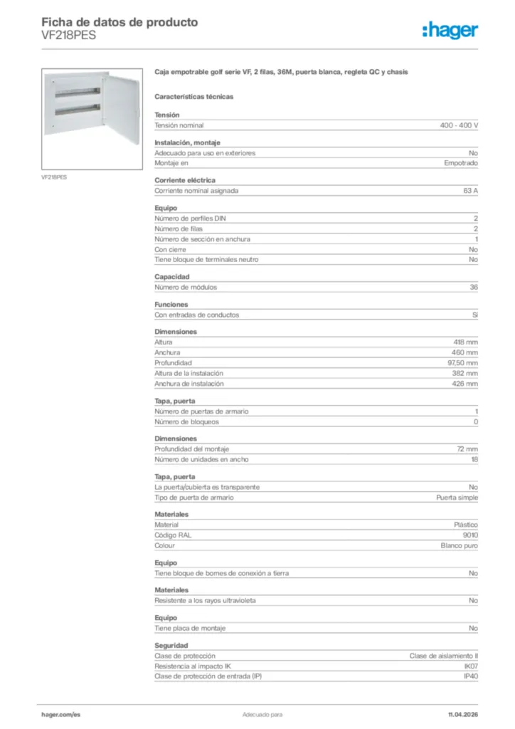 Imagen Hager Ficha de datos de producto VF218PES | Hager España