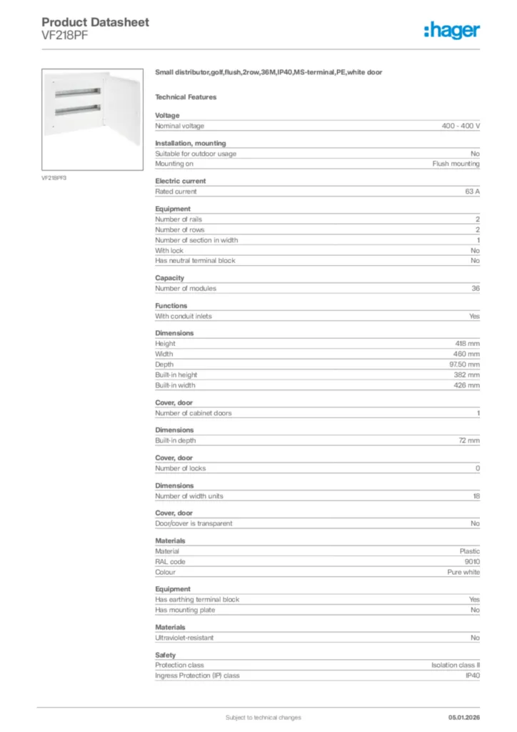 Image Hager Product data sheet VF218PF  | Hager Africa