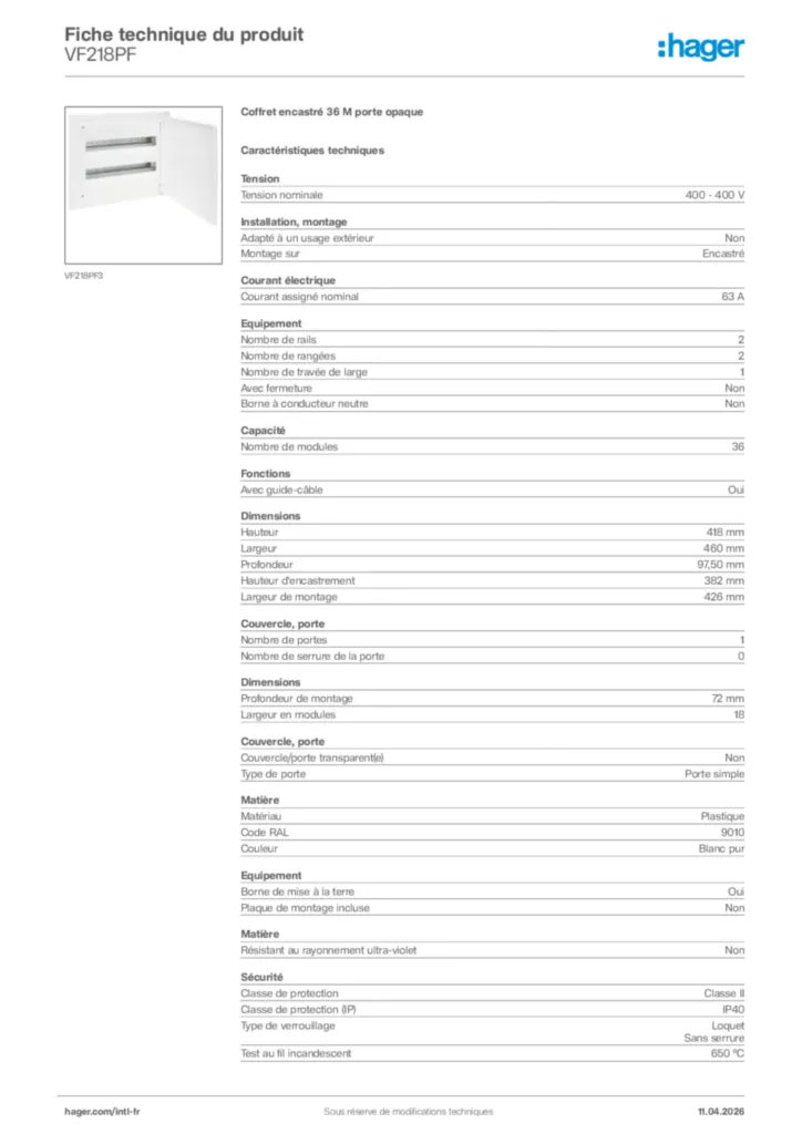 Image Hager Fiche technique du produit VF218PF | Hager Afrique