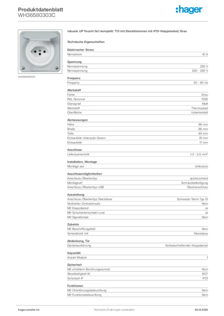 Bild Hager Produktdatenblatt WH36580303C | Hager Schweiz