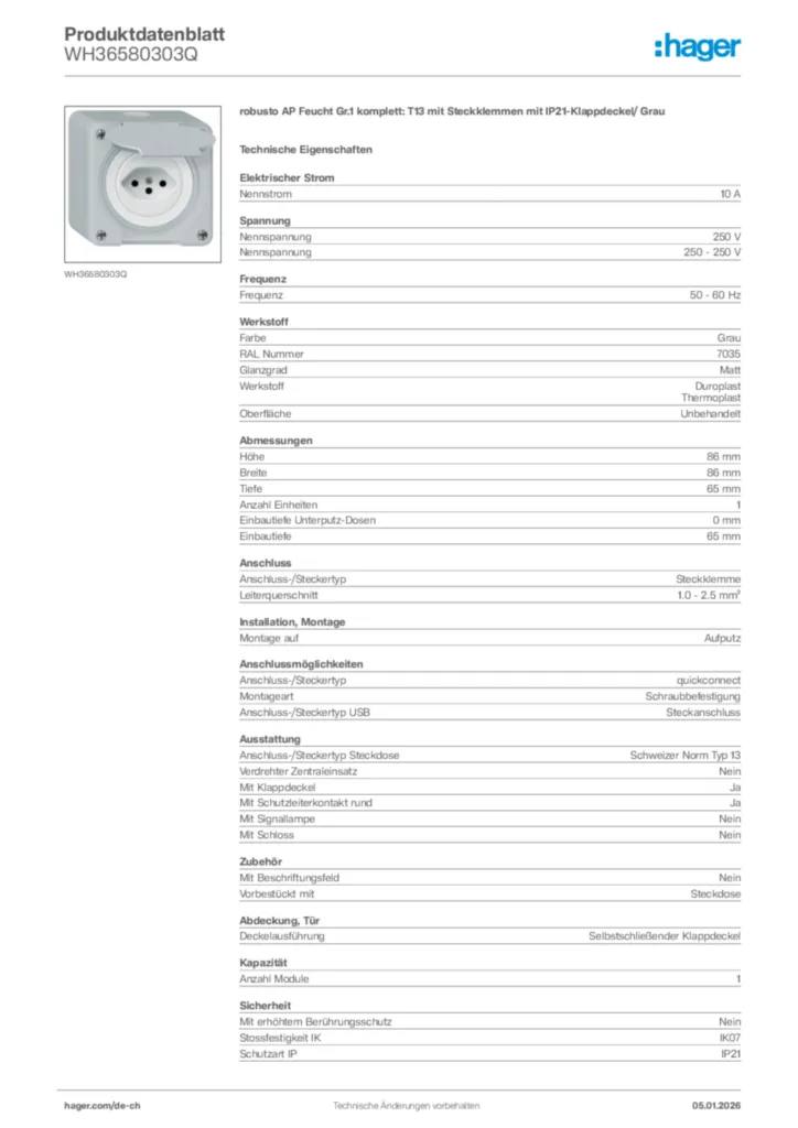 Bild Hager Produktdatenblatt WH36580303Q | Hager Schweiz